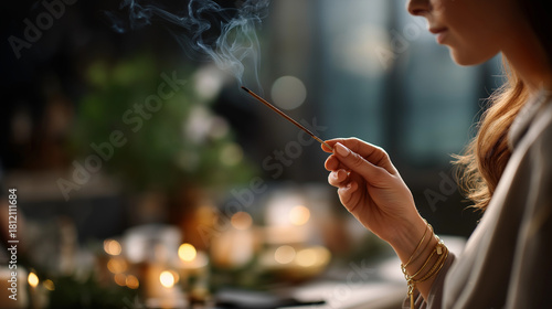 Faceless incense in woman's hand defocused ceremony space background spiritual ritual sacred smoke ceremonial practice meditative atmosphere healing ritual element with copy