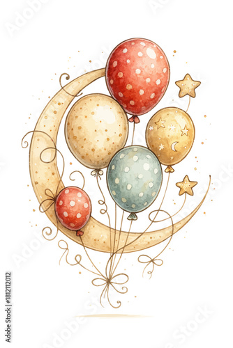 Cute Watercolor Moon, Stars, and Polka Dot Balloons Illustration Vector
