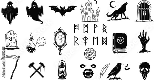 Spooky Halloween Icons and Symbols Collection Black and White