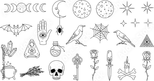 Mystical Elements Black Line Art Collection