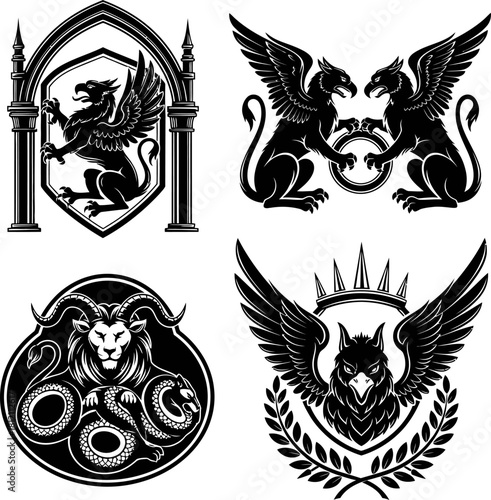 Collection of Mythical Creature Emblems and Crests in Black Silhouette