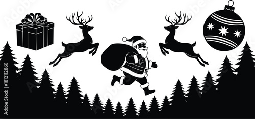Festive Christmas scene with Santa running through winter forest carrying gift sack with reindeer, holiday present and decorative ornament elements