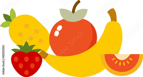 Vibrant Flat Design Fruit Composition Vector Illustration: Colorful Collection of Strawberry, Banana, Pineapple, and Persimmon for Healthy Eating Concepts.