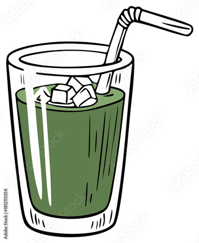 Refreshing green liquid beverage in glass with ice cubes and drinking straw illustration