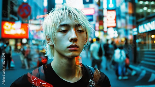 Wallpaper Mural Stylish portrait of a young man in Harajuku fashion style with vibrant neon lights and dynamic motion blur. Torontodigital.ca