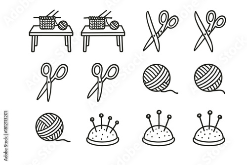 Scissors pincushion workspace desk knitting icons vector setup minimal roll icon yarn