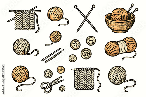Knitting creative icon artistic set threads scene needles doodle buttons vector