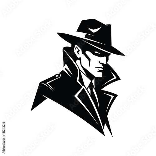 Black and white graphic illustration of a man in a fedora and trench coat male detective 1