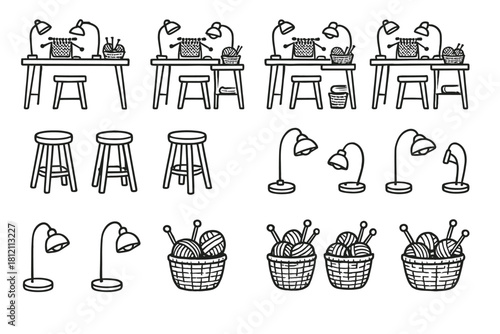 Stool knitting basket icons doodle aesthetic lamp music vector artistic workspace yarn