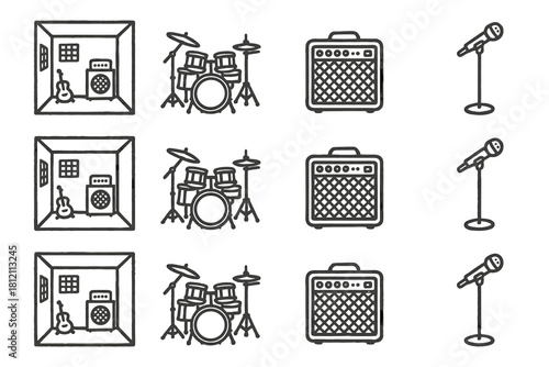 Vector space icon mic icons set drum outline rehearsal music amplifier stand