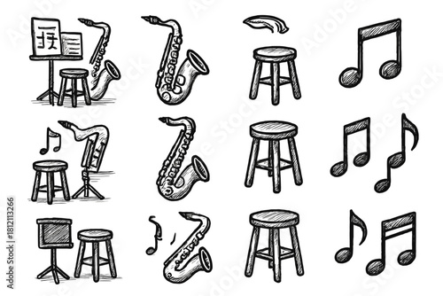 Music room practice drawing saxophone icons stool corner jazz vector notes icon