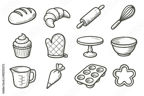 Loaf vector tray icon oven bowl whisk set cutter bread dough bakery