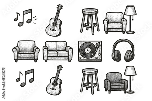 Room handdrawn icon outline acoustic guitar music vector stool lamp vibe icons