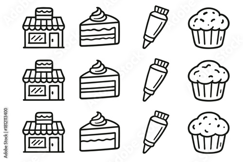Set icons minimal icon slice muffin tube bakery cake frosting dessert vector