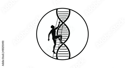 Silhouette of person climbing a DNA helix symbolizing scientific discovery and progress