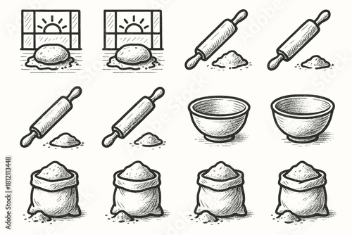 Dough flour ink roller bowl set baking vector icon table morning bakery