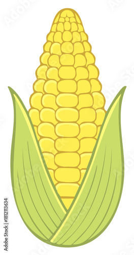 Fresh cartoon corn on the cob with green leaves, healthy food concept