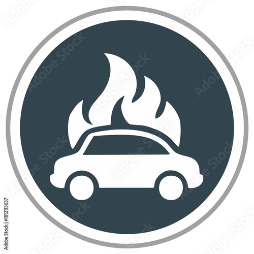 Automobile engulfed in flames within circle icon for insurance representation