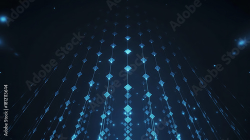 Abstract background with blue geometric patterns and shimmering lights creating a futuristic technology design aesthetic