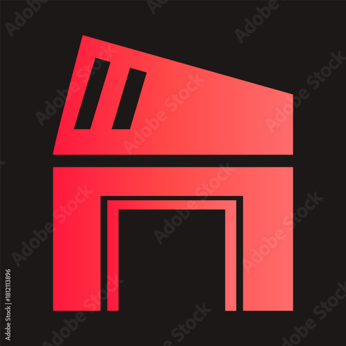 40 abstract geometric architectural structure or building icon in a bold red gradient, suggesting a modern warehouse, garage, hangar, or industrial facility entrance on a dark background