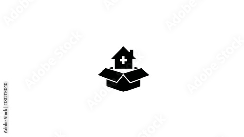 Minimalist icon: House with a medical cross emerging from an open delivery box, symbolizing home healthcare services or medical assistance.