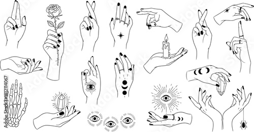 Mystical Hands and Symbols Line Art Collection