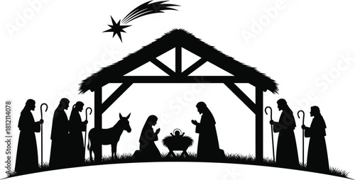 Nativity scene silhouette, Christmas manger illustration, holy family under star, religious birth of Jesus, shepherds, donkey, Bethlehem, Christian tradition