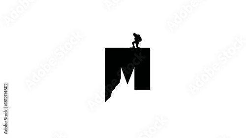 Adventurous hiker silhouette atop a stylized cliff or mountain peak, forming a minimalist letter M graphic concept