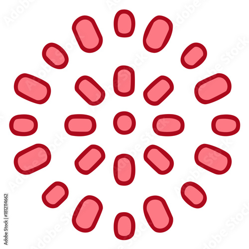 Red Sunburst with Round and Oblong Segments, Atomic Graphic Element, Retro Style Starburst Design