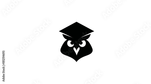Wise academic owl wearing a graduation cap, black and white symbol for education, knowledge, learning, intelligence, and success.