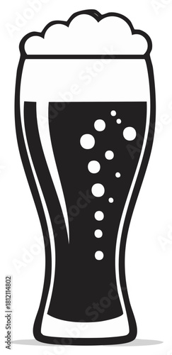 Full beer glass with foam and bubbles in simple black and white design