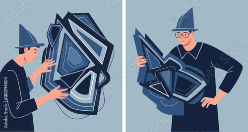 Two men in wizard hats examining large abstract geometric crystals.