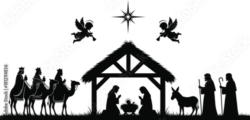 Nativity silhouette scene, Jesus birth, holy family, wise men, shepherds, manger, Christmas star, religious tradition, spiritual moment, Christian celebration