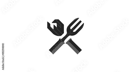 Modern black icon of a crossed wrench and fork, symbolizing food technology, kitchen maintenance, repair, and culinary service