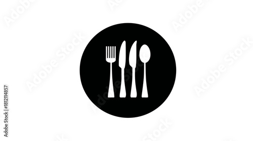 Modern Dining Utensils Icon: Fork, Knives, Spoon in a Black Circle, Perfect for Restaurant, Food Service, or Cafe Design