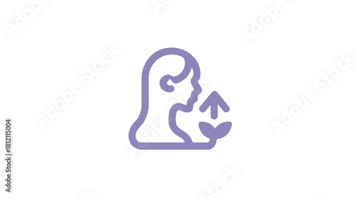 Minimalist line art icon of a woman's profile with a natural plant sprout and an upward growth arrow, symbolizing organic beauty, skincare, and wellness.