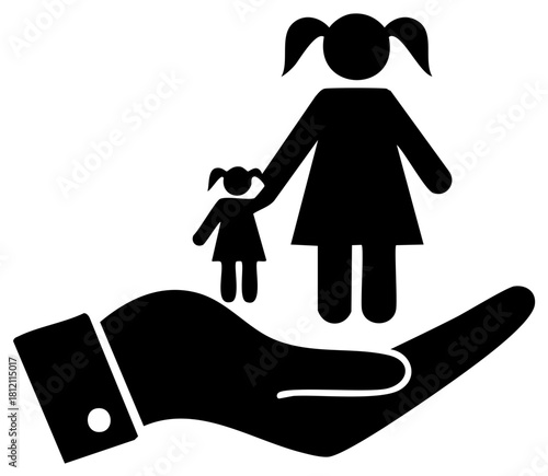 Silhouette of a hand holding a mother and child, representing care and support.