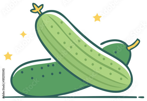 Two Fresh Cucumbers and Sparkling Stars Illustration for Salad Preparation or Healthy Eating