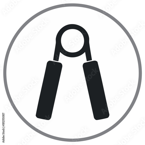 Icon of a hand grip strengthener within a gray circle graphic.