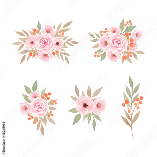 Watercolor Soft Pink Floral Bouquets and Stem Arrangements with Greenery and Orange Berries for Wedding Decor