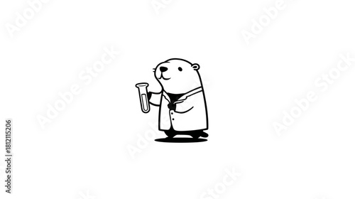 Cute cartoon scientific animal in lab coat holding a test tube, conducting research experiment, biology chemistry education mascot illustration.