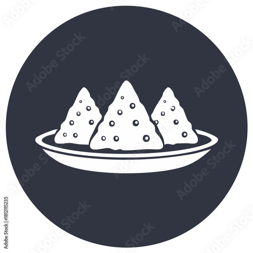 Hand Drawn Illustration of Three Savory Samosas on a Plate, White Fill, Against a Dark Circular Background
