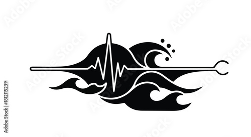 Abstract waveform merging with ocean waves and a heartbeat line