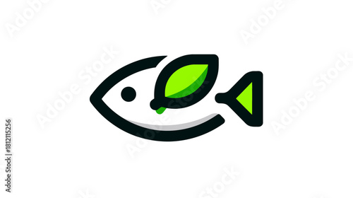 Stylized fish icon with a vibrant green leaf, symbolizing eco-friendly aquaculture, sustainable seafood, and environmental conservation