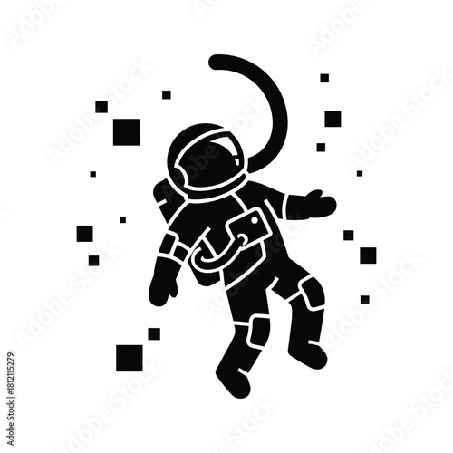 Black astronaut floating in space with squares zero gravity spaceman
