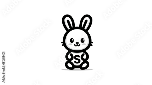 Cute Cartoon White Rabbit Illustration. Adorable, Minimal Animal Character with Black Outline, Sitting with an S on its Belly.