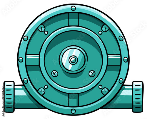 Industrial pump illustration aqua green mechanical device drawing cartoon style