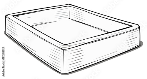 Black and white line art illustration of an empty rectangular tray or open box