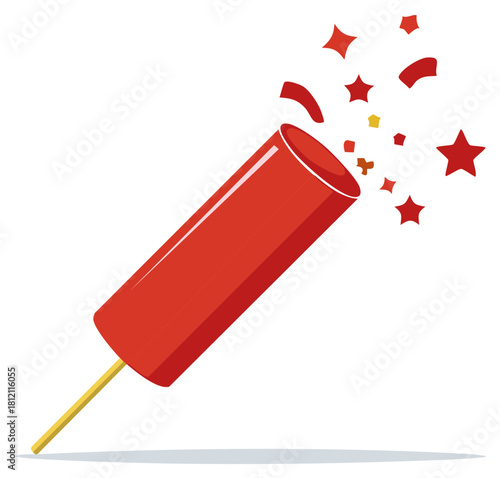 Vector celebratory popper exploding red confetti stars shapes holiday fun birthday burst