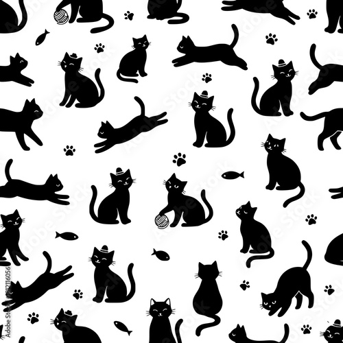 Whimsical Black Cats Playful Seamless Pattern, Charming Feline Motifs for Textile Design, Delightful Kitten Characters in Various Poses, Perfect for Pet Lovers and Creative Projects